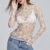 IFOMT Chic Sheer Tops for Women Long Sleeve Mock Neck Lace Mesh Top Sexy See Through Floral Tee Shirt Layering Blouse Y2k Streetwear
