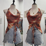 IFOMT Women's Resort Swing Collar Drawstring Strap Halter Vest Tie-Dye Mesh Top Sexy Backless Irregular Vest Party Leisure Essential