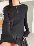 IFOMT Korean Fashion Bow Hollow Out Knitted T-shirts Y2k E-Girl Slim Fit Black Tops Women 2024 Summer New O-neck Bottoming Tees