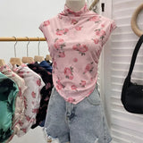 IFOMT Women's Retro Tie Dye Printed Mesh Short Sleeve T-Shirt Chic Sexy Folded Irregular Hot Girl Navel-Baring Vest Top 8721 Outfits