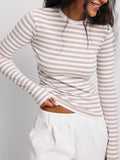 IFOMT Autumn Women Striped Long Sleeve Crop Top Casual Basic Tee Slim Fitted Crew Neck Pullover Tight Shirts Streetwear