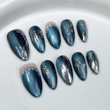 IFOMT 10Pc Almond Cat Eye Press On Nails Glitter Ocean Blue Fake Nail With Star Love Short Full Cover Wearable Manicure False Nail Tip