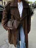 Retro Brown Suede Leather Overcoats Women Fashion Single-breasted With Belt Long Coats 2024 Winter Street Commute Outerwear ﻿