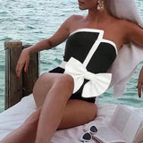 IFOMT 2024 Black & White Spliced Swimsuit Women'S Elegant Tube Top Bow Belt Bikini Irregular Hip Beach Skirt Vintage Pool Swimwear