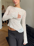 IFOMT Women's Lace Tops Slim See Through Boat Neck Long Sleeve Asymmetrical Shirt Casual Streetwear