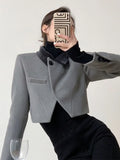 Ifomt Korean Retro Cropped Tweed Blazer Jacket Streetwear Harajuku Grey Coat Female Casual Long Sleeve Y2K Design Vintage Tops