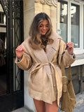 IFOMT Winter New Warm Plush Lambwool Patchwork Leather Jacket Women Lapel Long Sleeves Pocket Belt Coats Fashion Lady Street Outwears