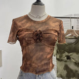 IFOMT Retro Print Short Sleeve T-Shirt Hot Girl Tie Dye Mesh Three-dimensional Flower Pleated Cropped Top See Through Summer Tees y2k