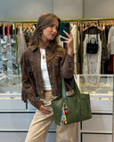 IFOMT Fashion Brown Tassel Leather Short Jacket Elegant Slim Long Sleeved With Pocket Outerwear 2024 New Female High Street Coat