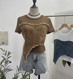 IFOMT Women Vintage Sexy See Throgh Top Y2K Top Washed Raw Edge Denim Pacthwork Mesh Short Sleeve Shirt Casual Holiday Club Streetwear