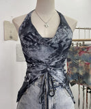 IFOMT Women's Resort Swing Collar Drawstring Strap Halter Vest Tie-Dye Mesh Top Sexy Backless Irregular Vest Party Leisure Essential