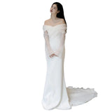 IFOMT GIYSILE One Shoulder Satin Light Wedding Dress with Simple and Slim Fit Sweet Long Sleeved Bride Evening Gown Vestidos De Novia