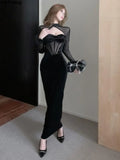 IFOMT Sexy Velvet Maxi Dress Women Long Sleeve Mesh Patchwork Hollow Out Autumn Winter Elegant Lace Bodycon Evening Party Vestidos New