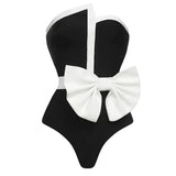 IFOMT 2024 Black & White Spliced Swimsuit Women'S Elegant Tube Top Bow Belt Bikini Irregular Hip Beach Skirt Vintage Pool Swimwear