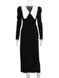 IFOMT  Fashion 2024 Fall Peter Pan Collar Mid-calf Evening Party Dresses for Women Elegant Double Breasted Black Office Work Dress