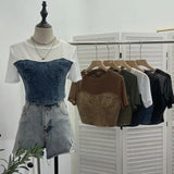 IFOMT Women Street Raw Edge Denim Spliced Tie-Dye Mesh Short T-Shirt Chic Sexy See Throgh Top Y2K Top Casual Holiday Club Streetwear