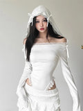 IFOMT Fashion Sexy Off Shoulder Lace White Bodysuit Y2k Hooded Long Sleeved T-shirt for Women 2024 Summer New Slim Fit Tops Mujer