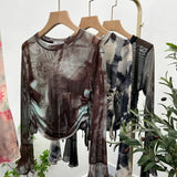 IFOMT Women's Sexy See Through Tie Dye Print Mesh Long Sleeve T-shirt Drawstring Lace Up Short Bell Sleeve Top Casual Streetwear 8929