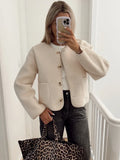 IFOMT 2024 Autumn Single Breasted Lamb Wool Jacket Women O-neck Pockets Buttons Slim Jacket Fashion Lady High Street Outwear