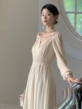 IFOMT Autumn Vintage Chiffon Midi Dresses for Women Lantern Sleeve V-neck A-line Evening Party Dress Wedding Prom Robe Vestidos New