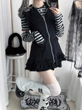 IFOMT Vintage Striped Patchwork Sleeve T-shirt for Women+ Cute Cat Ear Hooded Sleeveless Jackets Early Autumn New Two Piece Sets