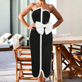 IFOMT 2024 Black & White Spliced Swimsuit Women'S Elegant Tube Top Bow Belt Bikini Irregular Hip Beach Skirt Vintage Pool Swimwear