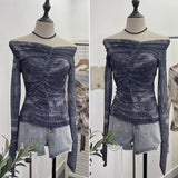 IFOMT Women's Retro One Shoulder Tie Dye Print Mesh Long Sleeve Top Irregular Pleated Slim T-shirt Blouse PartyClub Wear Streetwear