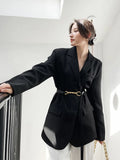 Ifomt Vintage Fall Women Blazer Elegant Belt Korean Loose Black Turn Down Collar Ladies Jacket Casual Slim Female Coats
