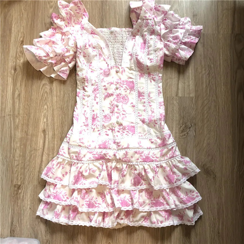 Ifomt Summer and Autumn Women Short Sleeve Ruffle Pink V-neck Mini Dress