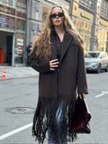 IFOMT Women Fashion Brown Tassels Patchwork Woolen Overcoat Elegant Turn-down Collar With Pocket Long Coats Autumn New High Streetwear