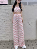 IFOMT 2024 New Summer Fashion Casual Plaid 2 Piece Set Women Strapless Crop Top + Wide Leg Pants Suits Female Sexy Outfits For Woman