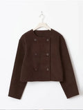 IFOMT Women Dark Red Round Neck Wool Blends Short Jacket Elegant Long Sleeve Buttons Cropped Coats Autumn Winter High Street Outwear