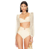 IFOMT Knit Mesh Crochet Long Sleeve Bikini Sets Cut Out Stretch Swimsuit Cover Up Luxury Swimwear Women's Beach Outfits Beachwear 2024