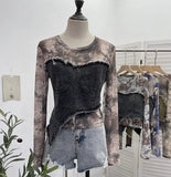 IFOMT Women Raw Edge Denim Spliced Tie-Dye Mesh Irregular T-Shirt Vintage Sexy See Throgh Top Y2K Top Casual Holiday Club Streetwear