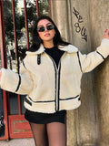 IFOMT Fashion Pu Leather Patchwork Lamb Wool Jacket Women Casual Long Sleeves Zipper Loose Short Coat 2024 New Female High Streetwear