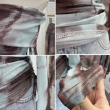 IFOMT Women Retro Tie Dye Abstract Print Front Double Layer Mesh Top One Shoulder Drawstring Pleated Long Sleeve Y2K Boat Neck Top2579