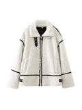 IFOMT Fashion Pu Leather Patchwork Lamb Wool Jacket Women Casual Long Sleeves Zipper Loose Short Coat 2024 New Female High Streetwear