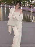 IFOMT Winter Warm Solid Three-piece Suit Women Long Knitted Cardigan + Camisole + Wide Leg Pants Elegant Korean Chic Loose Outwear