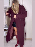IFOMT Burgundy Wool Blends With Belt Long Coat For Women Fashion Lapel Full Sleeves Oversize Jacket 2024 New Office Lady Outerwear