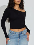 IFOMT Women Long Sleeve Slim Crop Tops Autumn Clothes y2k Sexy Solid Slash Neck One Shoulder Asymmetrical T-shirt Streetwear Basic