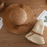 IFOMT Summer foldable straw hat hand-woven hat outdoor sun protection women's large brimmed beach fisherman cap