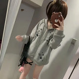 IFOMT Harajuku Gray Cat Ears Hoodie Coat Women Autumn Winter New Mid-length Loose Sweatshirts Y2k Long Sleeve Zipper Tops Mujer