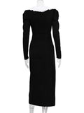 IFOMT  Fashion 2024 Fall Peter Pan Collar Mid-calf Evening Party Dresses for Women Elegant Double Breasted Black Office Work Dress