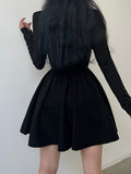 IFOMT Black Long Sleeve O Neck Pleated Dress