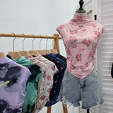IFOMT Women's Retro Tie Dye Printed Mesh Short Sleeve T-Shirt Chic Sexy Folded Irregular Hot Girl Navel-Baring Vest Top 8721 Outfits