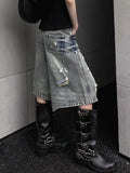 IFOMT American Street Washed Blue Denim Shorts Y2k E-Girl High Waist Loose Wide Leg Jeans 2024 New Hole Straight Knee-Length Pants