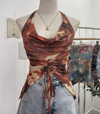 IFOMT Women's Resort Swing Collar Drawstring Strap Halter Vest Tie-Dye Mesh Top Sexy Backless Irregular Vest Party Leisure Essential