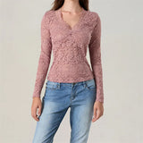 IFOMT Women Y2k Lace Long Sleeve Crop Top Sexy V Neck Floral Sheer Mesh Top Cute See Through Blouse Night Clubwear