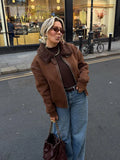 IFOMT Vintage Brown Lamb Wool Patchwork Suede Coats Women Fashion Long Sleeve Zipper Thicken Pockets Jackets 2024 New Lady Streetwear