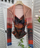 IFOMT Retro Tie Dye Print Halter Neck Bottoming Long Sleeve Top Sexy Hot Girl V Neck Pleated T-shirt Slim Mesh Y2K Top Essential 8929